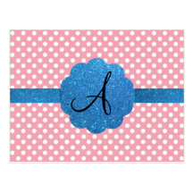Pink polka dots monogram blue glitter post cards