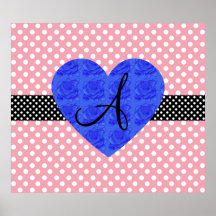 Pink polka dots monogram blue roses poster
