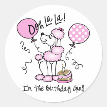 Pink Poodle Birthday Round Sticker