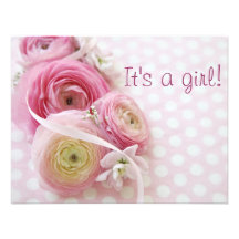 pink ranunculus on polka dots baby shower invite