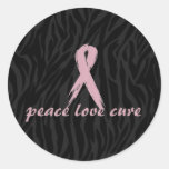 pink ribbon; peace love cure zebra print round sticker