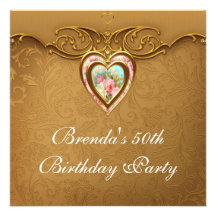 Pink Rose Heart Gold Damask Womans  50th Birthday Personalized Invitations