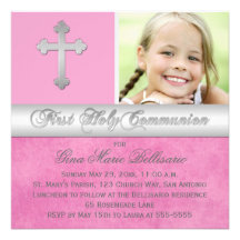 Pink, Silver First Holy Communion Photo Invitation
