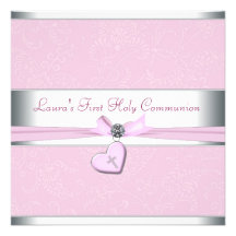 Pink Swirl Heart Pink Cross First Communion Invites