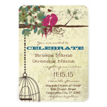 Pink Teal Love Birds Sitting In A Tree Wedding Personalized Invites