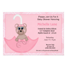 Pink  Umbrella Bear Baby  Shower Invitations