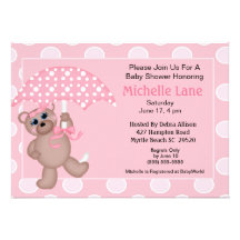 Pink  Umbrella Bear Baby  Shower Invitations