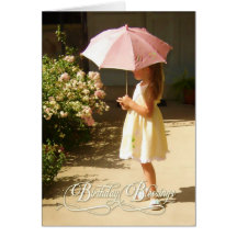 Pink Umbrella Girl Birthday Blessings Blank Card