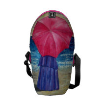 Pink Umbrella Girl on the Beach - Florida Art Messenger Bag