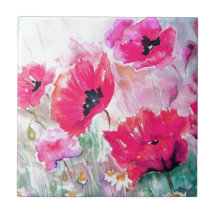 Pink watercolor Poppies. Ceramic Tile
