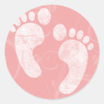 Pink/White Baby Footprints Round Stickers
