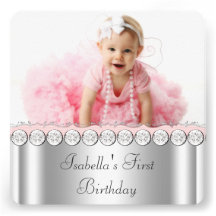 Pink White Baby Girl Photo First Birthday Party Personalised Announcement