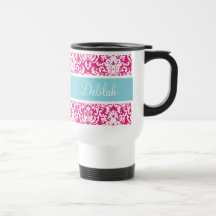 Pink White Blue Damask Custom Coffee Mug