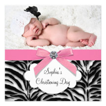 Pink Zebra Baby Girl Photo Christening Personalised Invite