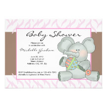 Pink Zebra Striped Baby Elephant Shower Invites