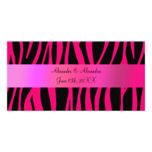 Pink zebra stripes wedding favours personalized photo card