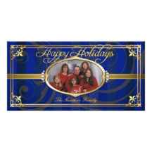 Pinstriped Blue Gold Faux Jewel Photo Cards