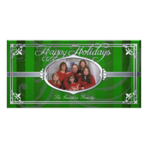 Pinstriped Green Silver Faux Jewel Photo Cards