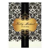 PixDezine black desiree lace damask+gold label Invitations