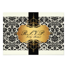 PixDezine rsvpblack desiree damask+gold label Custom Announcements