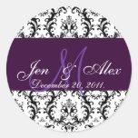 Plum Wedding Monogram Save the Date Damask Stickers
