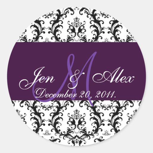 Plum Wedding Monogram Save the Date Damask Stickers