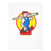 Plumber With Pipe Toolbox Cartoon Announcement