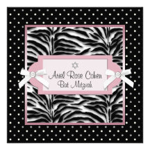 Polka Dots Pink Zebra Bat Mitzvah Invitations