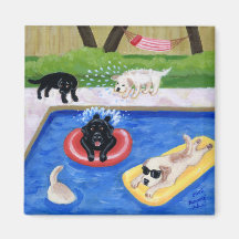 Pool Party Labradors Painting Fridge Magnets