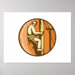 Power Lineman Electrician Climbing Utility Post Poster