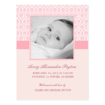 Precious Damask Baby Girl Birth Announcement Postcard