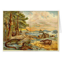 Prehistoric Scene Antique Print Greeting Cards