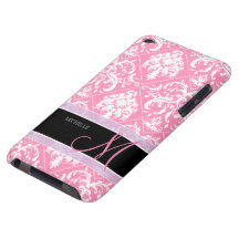 Pretty Bubblegum Pink and white damask w/ monogram Barely There iPod Cover