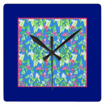 Pretty Square Wall Clock, Spring Blossoms, Blue