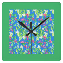 Pretty Square Wall Clock, Spring Blossoms, Green
