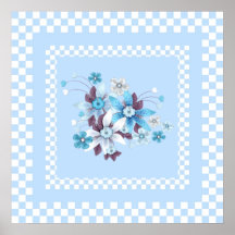 Print Country Style Blue White Check Floral