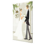 Profile of a man giving flowers to a woman stretched canvas print