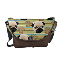Pugs and Paws on Green Stripes Messenger Bags