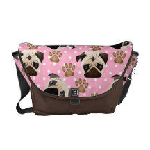 Pugs and Paws on Pink Polka Dots Messenger Bags
