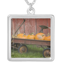 Pumpkins in old wagon personalized necklace