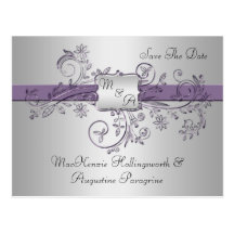 Purple and Silver Monogram Floral Swirls Save The Post Cards