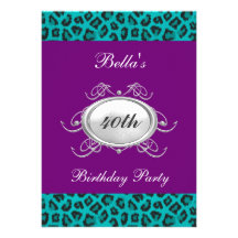 Purple and Teal Leopard Birthday Party Invitation