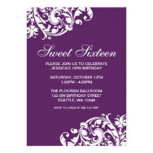 Purple and White Swirl Flourish Sweet 16 Birthday Custom Invite