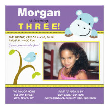 Purple Custom Hippo & Birdie Birthday Party Invite