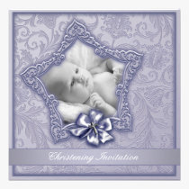 Purple Damask Girls Photo Christening invitations