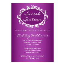Purple Flourish Swirl Frame Sweet 16 Birthday Announcements