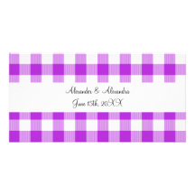 Purple gingham pattern wedding favours customised photo card