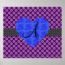 Purple heart polka dots monogram blue roses poster