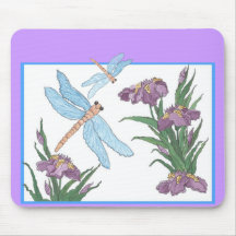 Purple Iris and Blue Dragonfly Mouse Pad