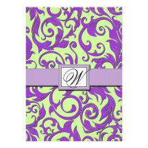 Purple & Lime Green Damask Wedding Invitations